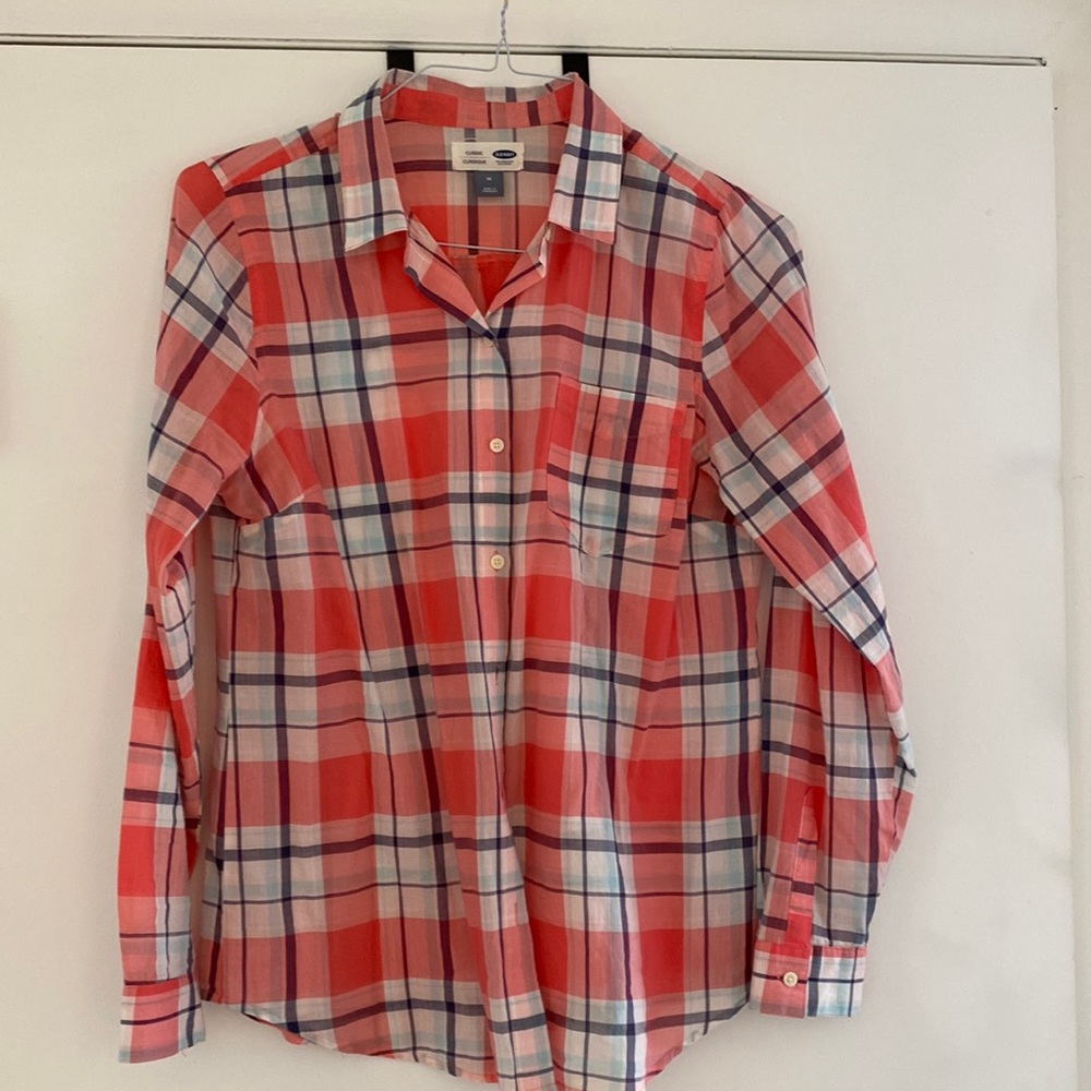 Old Navy 100% Cotton Plaid Long Sleeve Shirt Coral & Navy Blue Size M